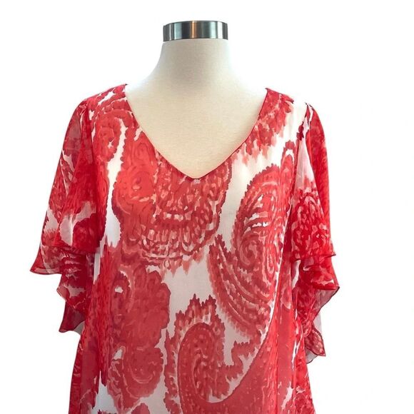 Milly Silk Coral and White Swim Coverup with V-Neck and Flutter Sleeves Size 4 - Picture 6 of 12